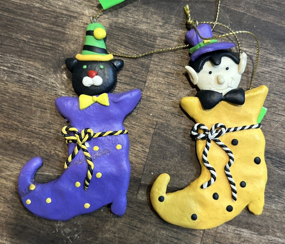 Handmade Whimsigoth Clay Halloween Ornaments Vampire Black Cat Witchy Boot Set 2